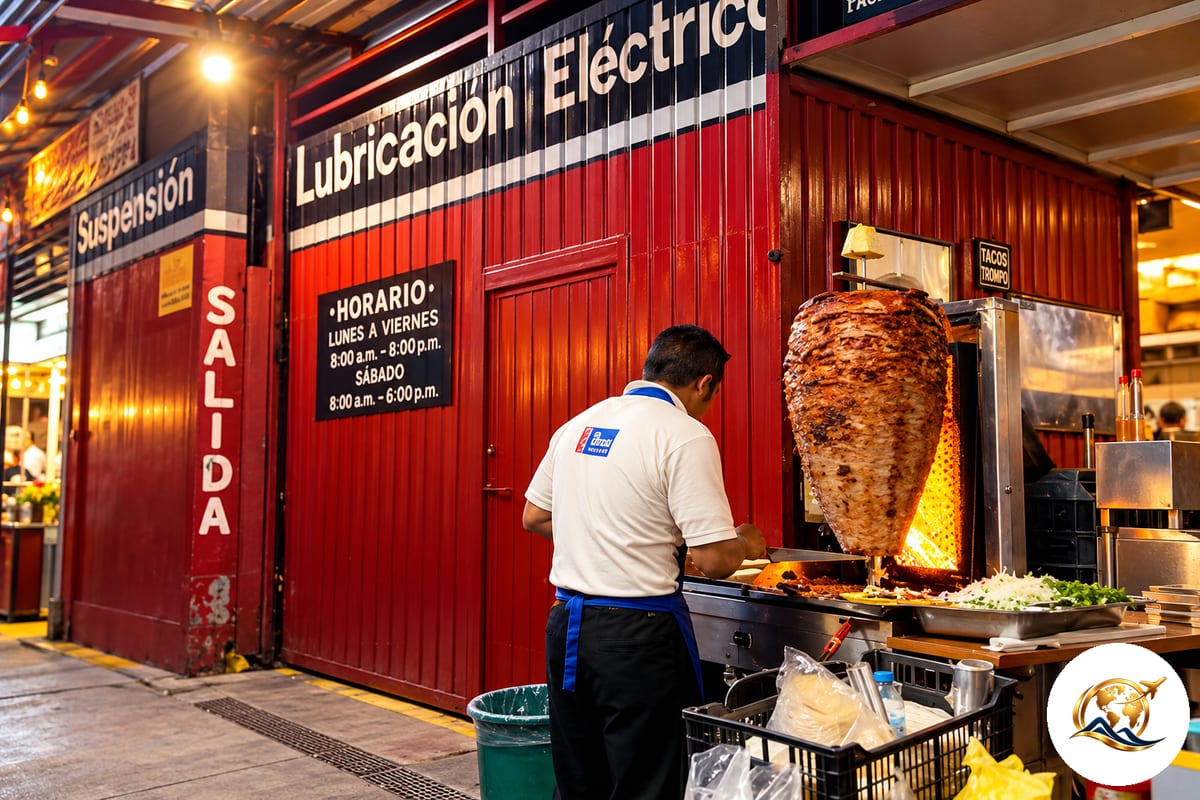 Tacos being prepared at a taquería counter