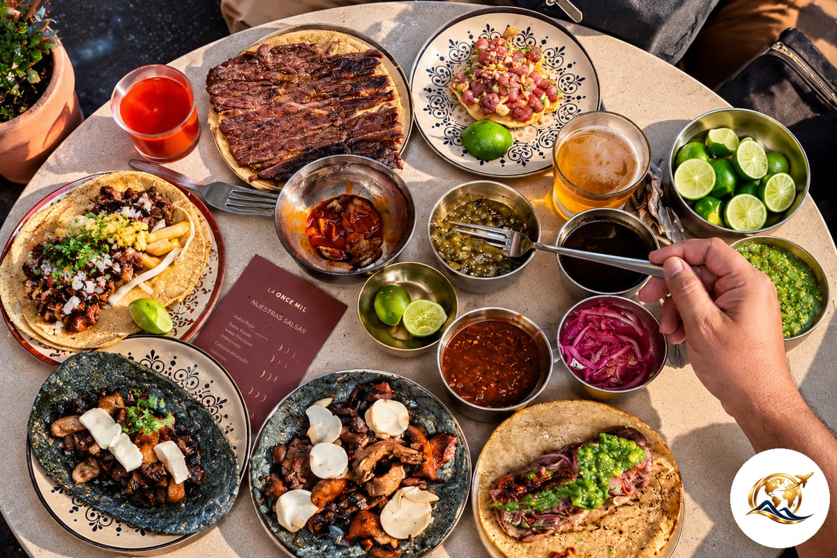 A spread of Mexican dishes served at a restaurant table