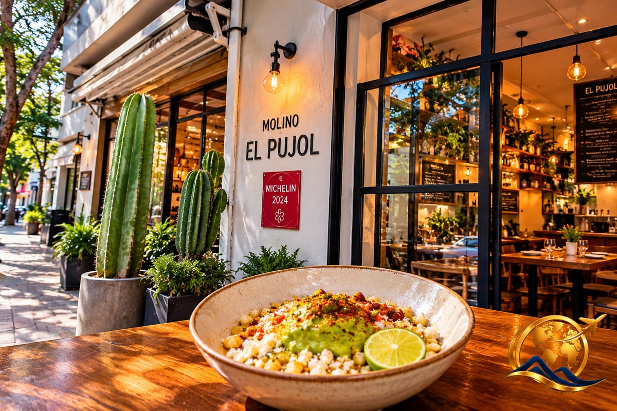 Molino El Pujol exterior and a corn dish