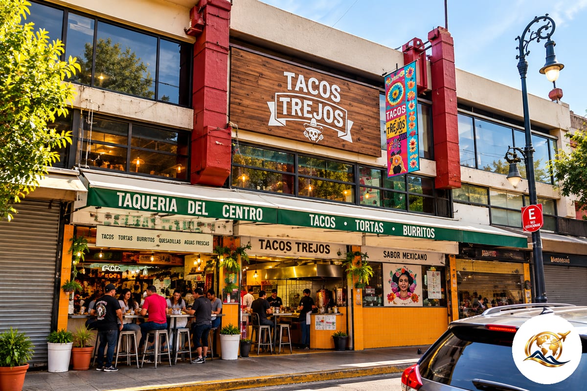 Taquería storefront and outdoor dining in Mexico City
