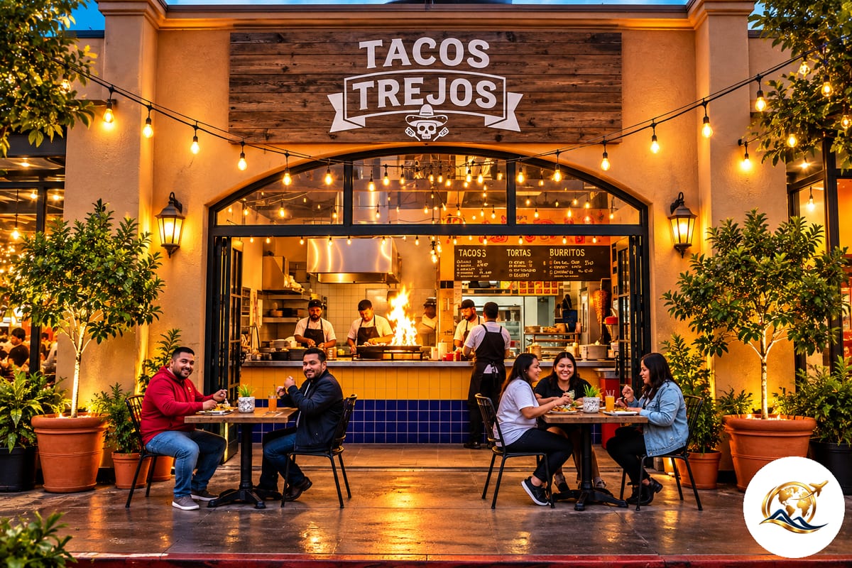 Taquería dining room with tacos and guests